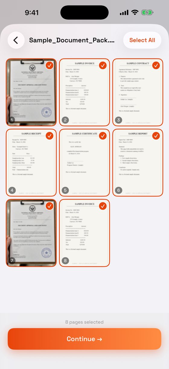PDF to JPG page picker with eight PDF pages selected for conversion to images